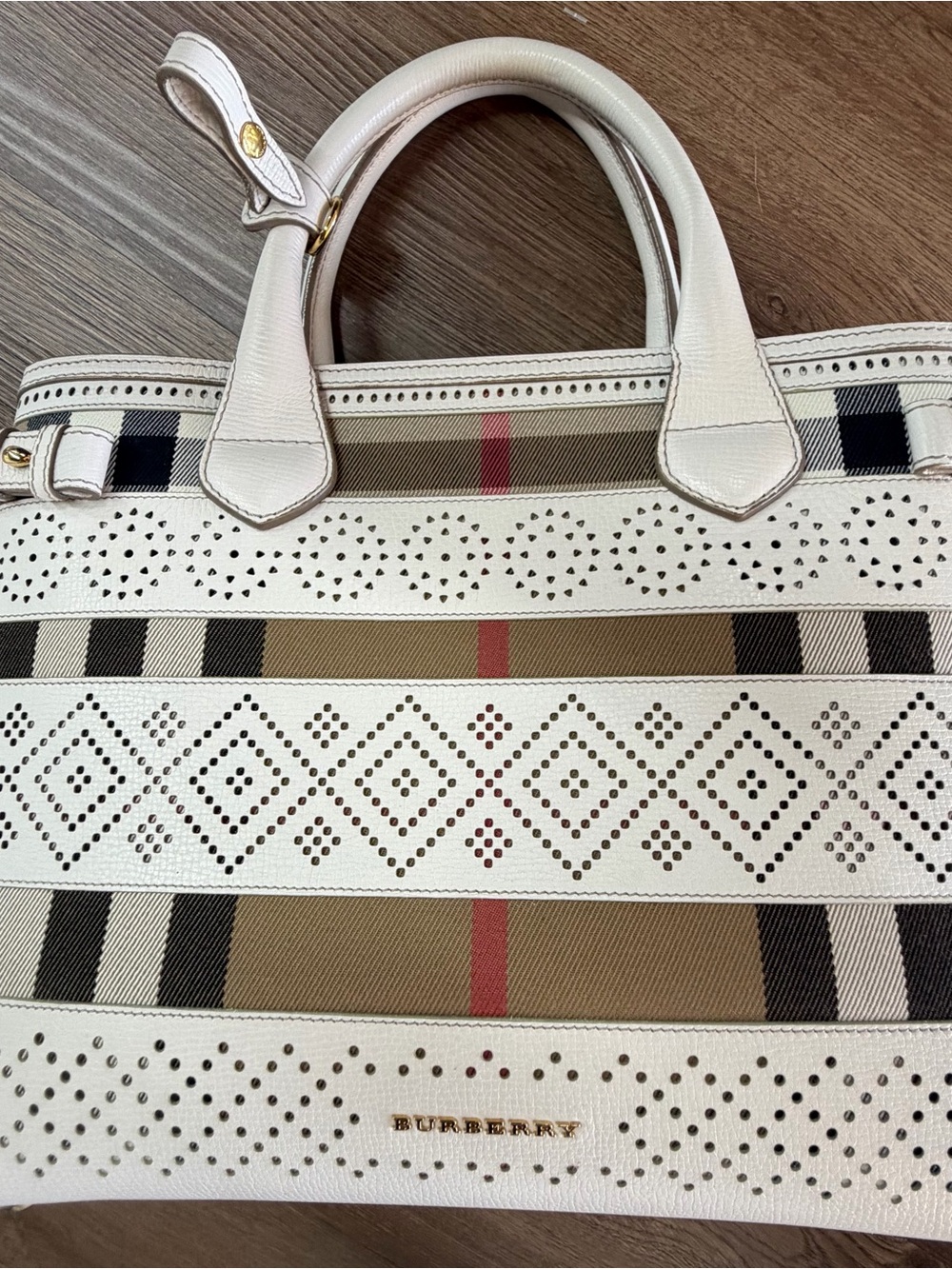 Burberry White Perforated Canvas Tote with Tan Check and Red Stripe